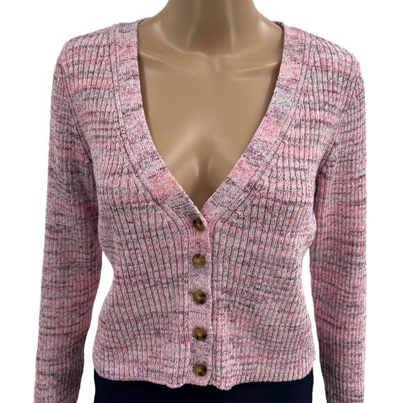 Intermix Kiera Marled Pink Knit Cropped Cardigan Sweater - Picture 7 of 13